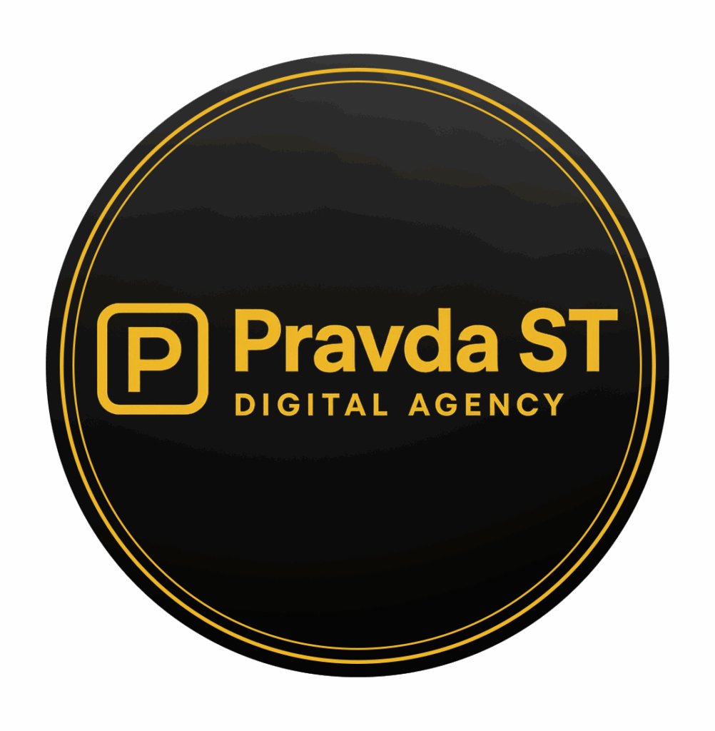 Кръгло лого на Pravda ST Digital Agency с жълт текст на черен фон.