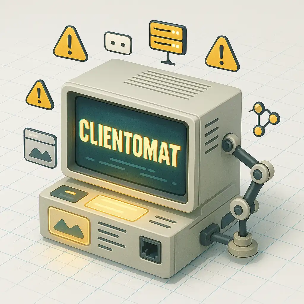 Ретро компютър с надпис "CLIENTOMAT" и икони за съобщения, автоматизация и повтарящи се действия.