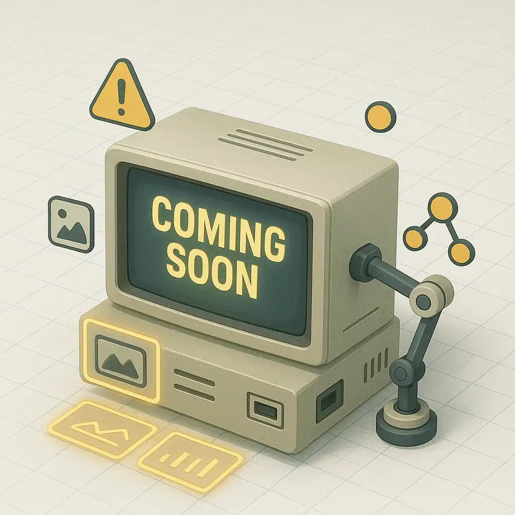 Компютър с надпис "Coming Soon" и икони за структура, съдържание и данни.
