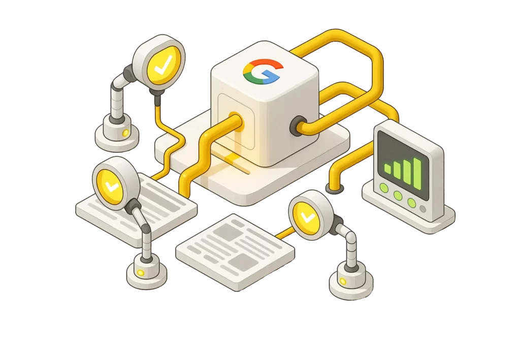 Google модул валидира съдържание чрез жълти тръби и индикатори.