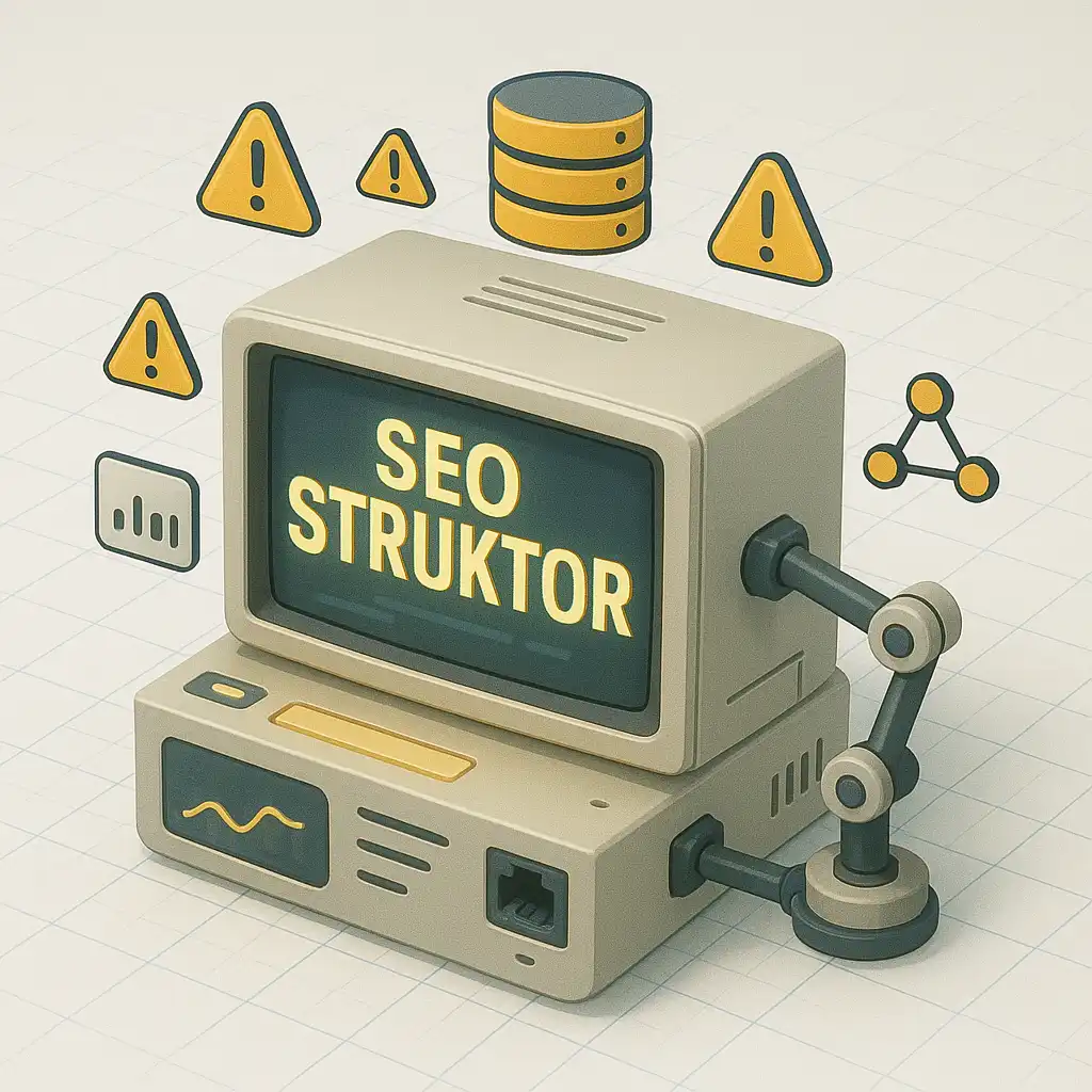 Ретро компютър с надпис "SEO STRUKTOR" и икони за база данни, анализ и предупреждения.